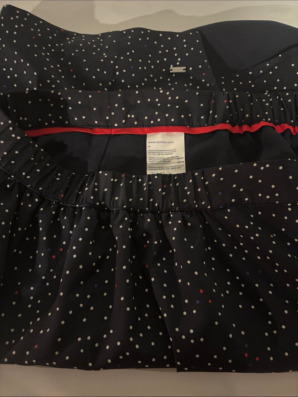Tommy Hilfiger Navy Midi Skirt with White Polka Dots and Red Trim
